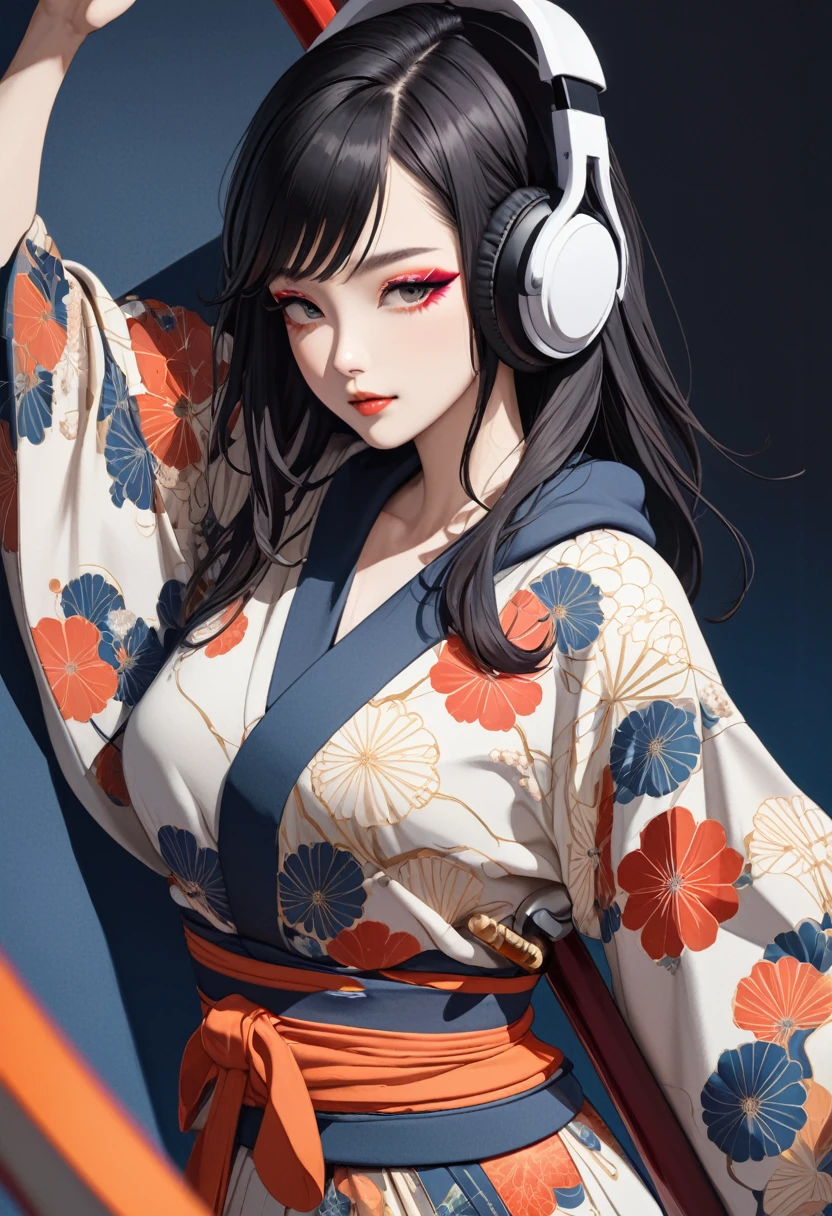 ((Masterpiece)), ((best quality)), (Anime:1.3), (super detail:1.2), (High Definition:1.3), (Professional Photography:1.3),BIG BREAST, (((1 girl))), (((Flashy makeup))), (((Japanese style headphones))), (((Japanese pattern hoodie))), (((Japanese sword))), (((Female samurai))), Japanese beautiful girl, Black Hair, Delicate and precise, Modern ukiyo-e style, BACKGROUND UKIYO-E STYLE