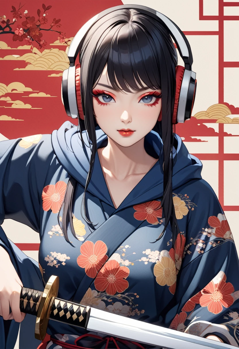 ((Masterpiece)), ((best quality)), (Anime:1.3), (super detail:1.2), (High Definition:1.3), (Professional Photography:1.3),BIG BREAST, (((1 girl))), (((Flashy makeup))), (((Japanese style headphones))), (((Japanese pattern hoodie))), (((Japanese sword))), (((Female samurai))), Japanese beautiful girl, Black Hair, Delicate and precise, Modern ukiyo-e style, BACKGROUND UKIYO-E STYLE