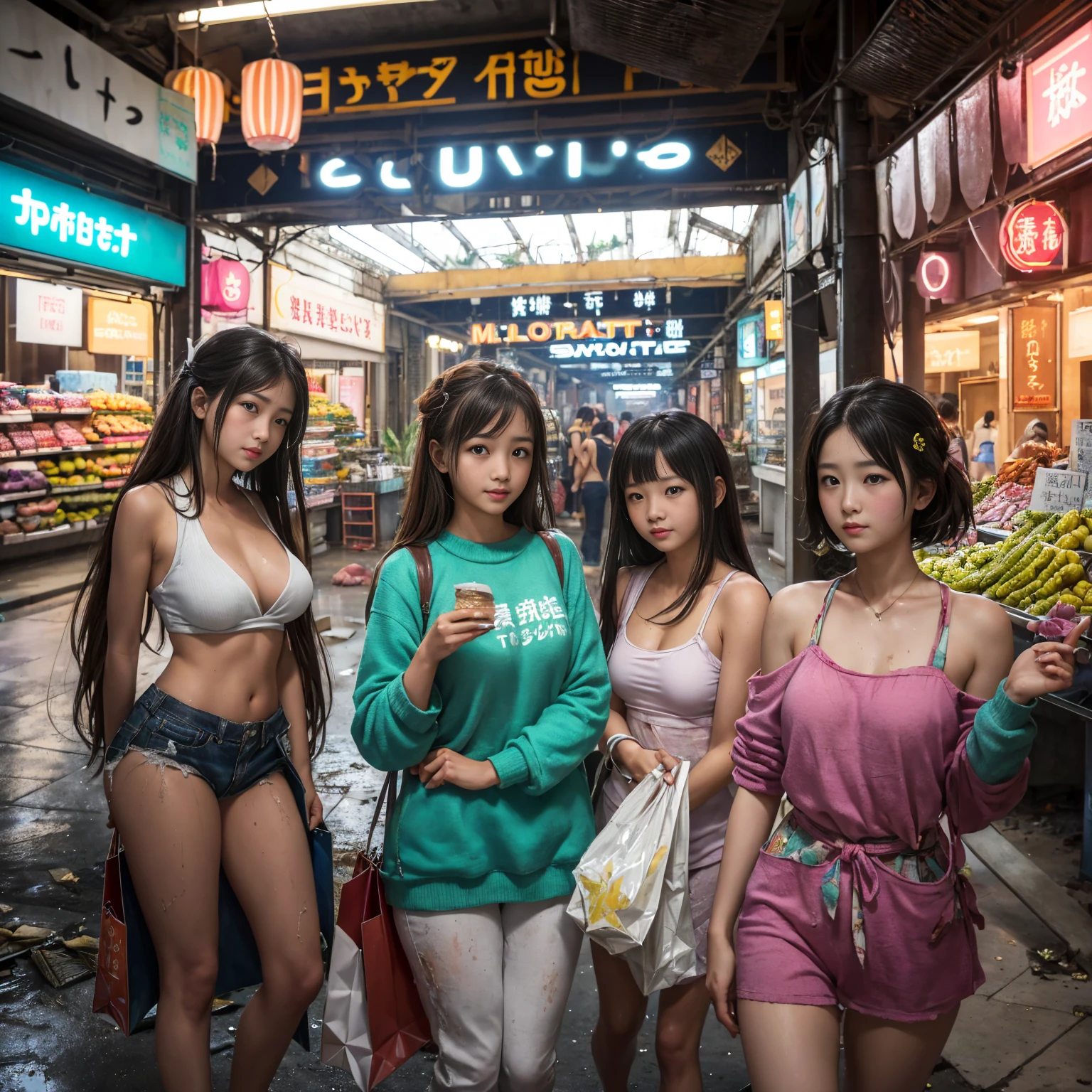 
((masterpiece、Highest quality))、Beautiful girls gather.、Girl in summer clothes、Three or more cute girls、(Detailed and cute face:1.3)、(Poor conditions、Dim and unsanitary、Crumbling underground shopping mall)、屋台のdiet店、stage、sewage、Dirty shop、street vendors、Unsanitary and abandoned city、smile、diet、Poor person々