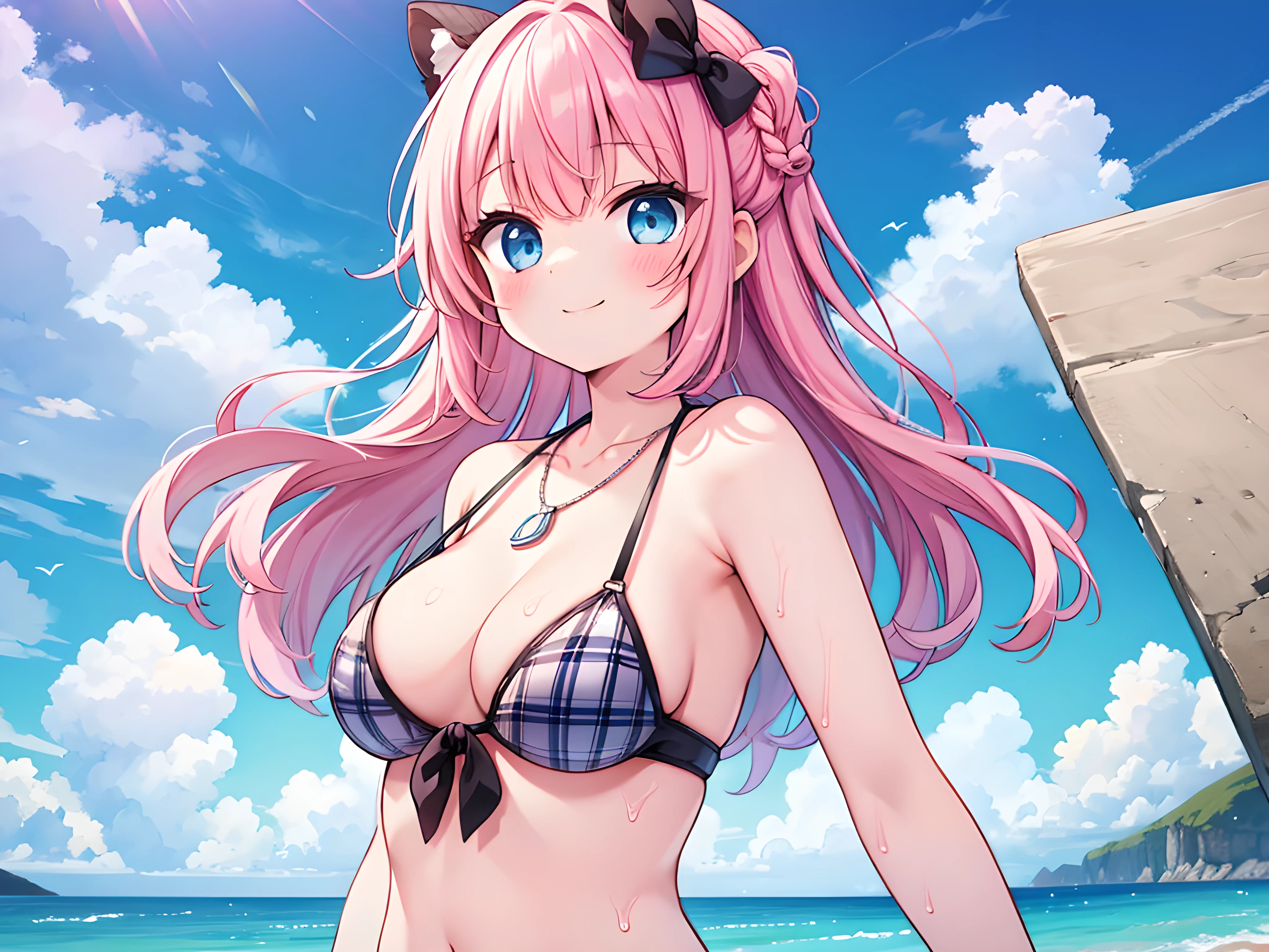 highres,best quality,absurdres,incredibly absurdres,game cg, BREAK 1girl,bangs,beach,bikini,bracelet,braid,breasts,cleavage,cloud,day,front-tie bikini,front-tie top,holding hair,looking at viewer,medium breasts,navel,necklace,ocean,outdoors,plaid,plaid bikini,sky,smile,solo,swimsuit,water,sweat,ager,,,pink hair,one side up,(bikini lift:1.2),(nipples:1.1),(small areola:1.1),