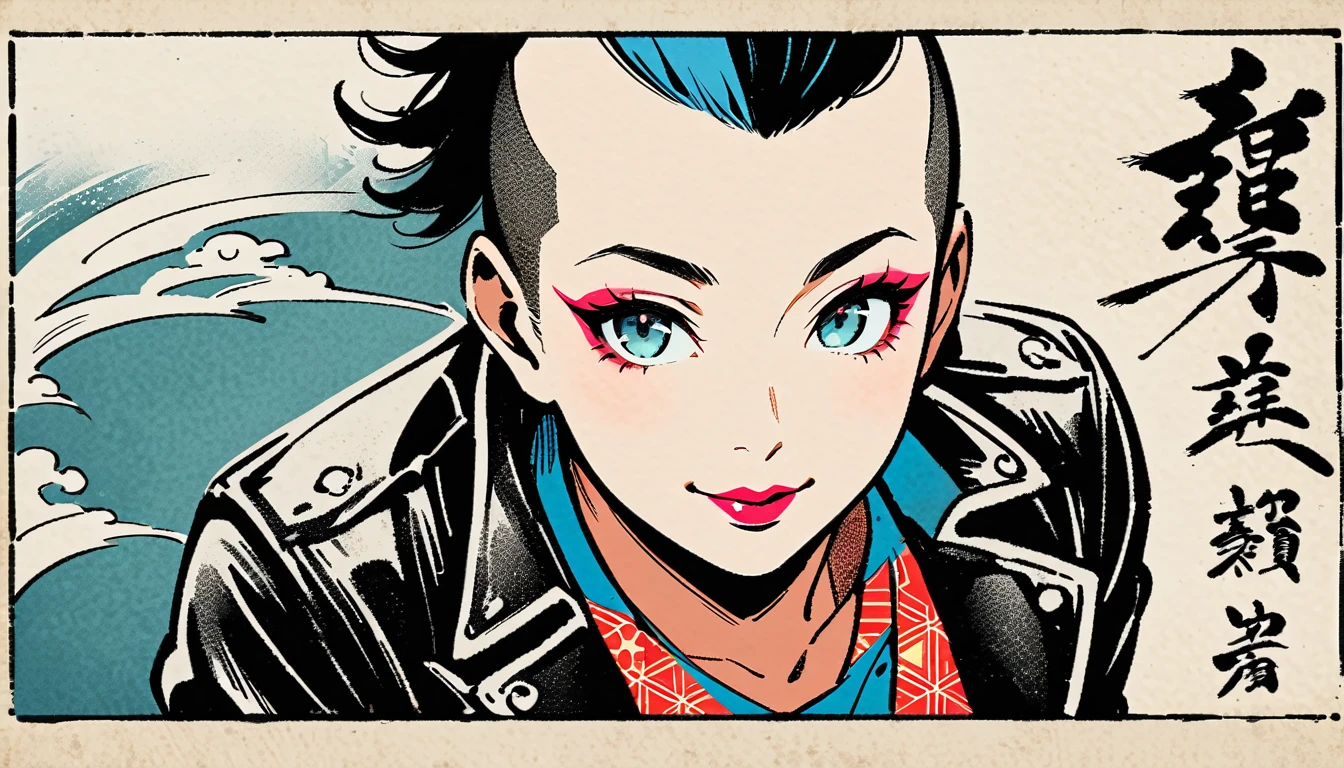 (((Ink Painting))), (((from above))), (((1 female))), (((Leather jacket with Japanese patterns))), (((Mohawk))), (((Very flashy makeup))), Japanese style headphones, devil, face close-up, front view, Japan人の美少女, Black Hair, Delicate and precise, Modern ukiyo-e style,Japan, Droopy eyes, round face, smile, Fuller lips, vivid color