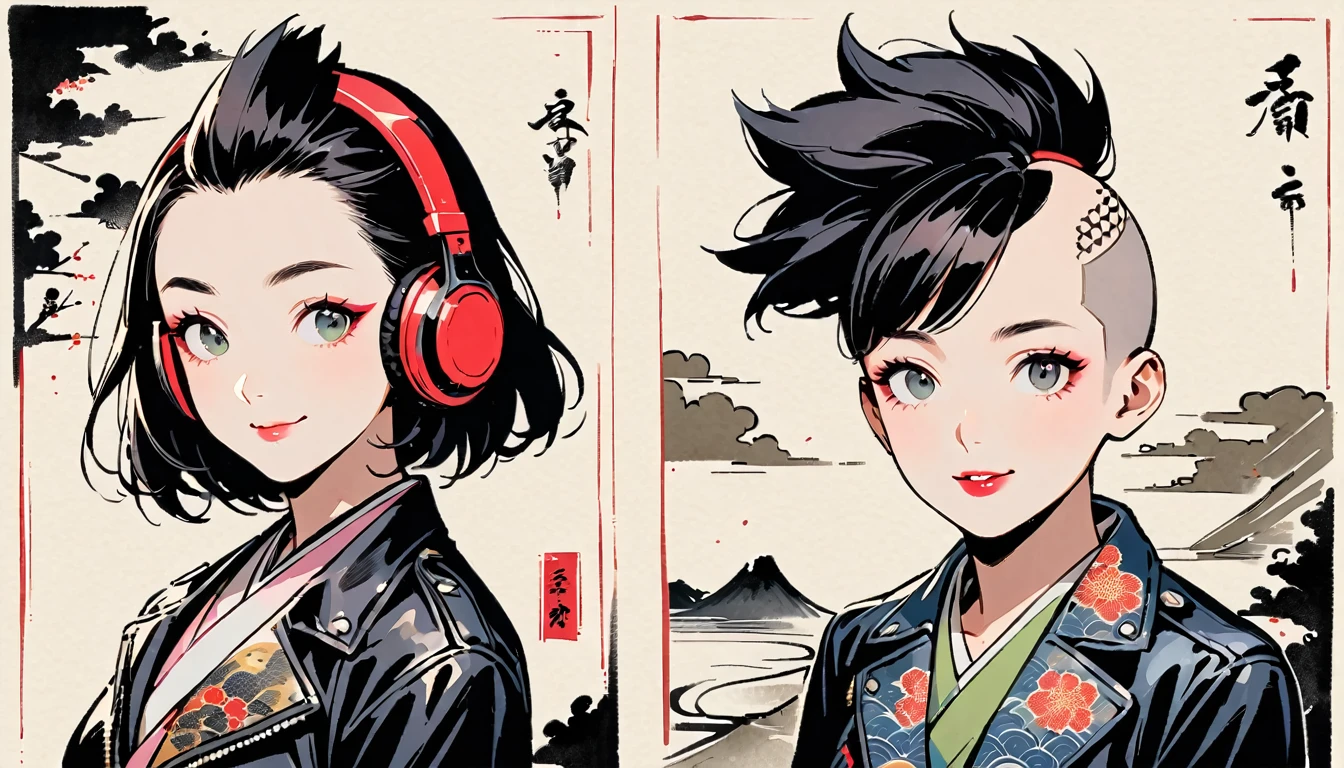 (((Ink Painting))), (((from above))), (((1 female))), (((Leather jacket with Japanese patterns))), (((Mohawk))), (((Very flashy makeup))), Japanese style headphones, devil, face close-up, front view, Japan人の美少女, Black Hair, Delicate and precise, Modern ukiyo-e style,Japan, Droopy eyes, round face, smile, Fuller lips, vivid color