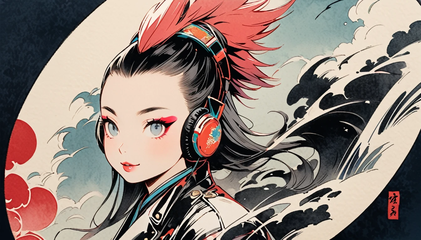 (((Ink Painting))), (((from above))), (((1 female))), (((Leather jacket with Japanese patterns))), (((Mohawk))), (((Very flashy makeup))), Japanese style headphones, devil, face close-up, front view, Japan人の美少女, Black Hair, Delicate and precise, Modern ukiyo-e style,Japan, Droopy eyes, round face, smile, Fuller lips, vivid color