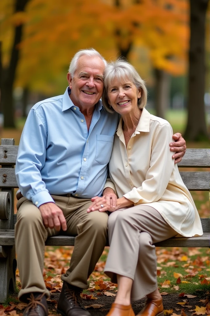 elderly couple 65 years old, they are sitting together, Look straight, man in a light shirt, trousers and boots, woman in light clothes and boots, realism, photographic photography