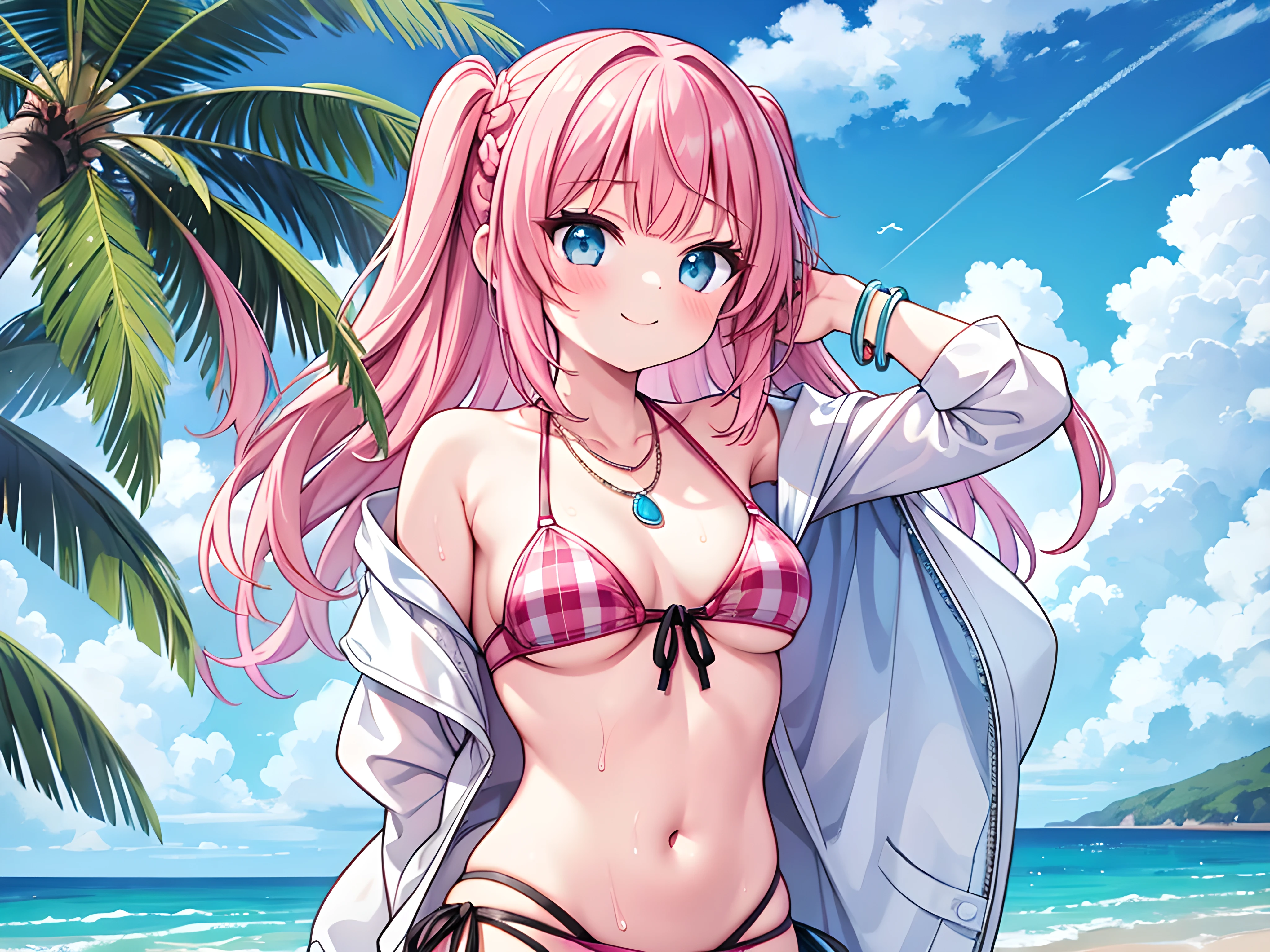 highres,best quality,absurdres,incredibly absurdres,game cg, BREAK 1girl,bangs,beach,bikini,bracelet,braid,breasts,cleavage,cloud,day,front-tie bikini,front-tie top,holding hair,looking at viewer,medium breasts,navel,necklace,ocean,outdoors,plaid,plaid bikini,sky,smile,solo,swimsuit,water,sweat,ager,,,pink hair,one side up,(bikini lift:1.2),(nipples:1.1),(small areola:1.1),