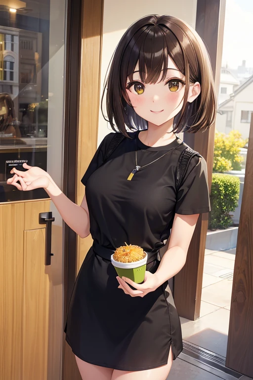 anegasaki nene、Shiny brown hair, short hair, (Beautiful brown eyes、Sparkling eyes, Fine grain)、smile、Ultra-detailed eyes、Very detailedな顔, Very detailedな目,
(masterpiece:1.2, 最high quality:1.1, High resolution,Absurd, high quality),reflected light, colorful,Very detailedな, Ultra HD, Very detailed,
Open door, Yellow-green tight mini dress, Brown eyes,( Open door):1.4, Convenience entrance, (smile), Fast food in both hands, one person's, Focus Only,
