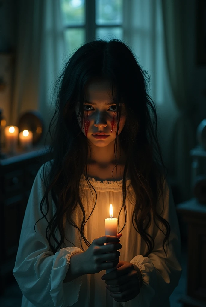girl's ghost, black color, holding candle, face and hands, injury in face, bleeding eyes, crying in pain
