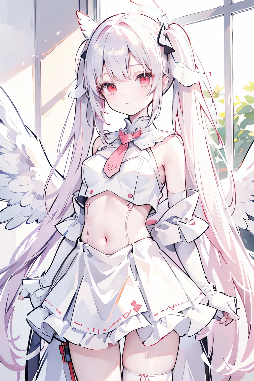 Photo Original, Realist, face, Pale peach long hair,Twin tails, Red eyes, Small breasts, white gauntlets greaves, bare shoulders, detailed white armor jewelry bustier white miniskirt, Unbelievably ridiculous, beautiful girl, Big angel wings, Depth of written boundary, High resolution, Very detailed,student, Sharp focus, Cinema Lighting