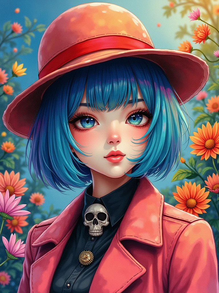 Prompt:
8K quality, watercolor painting, stylish design, (((The strongest beautiful girl of all time))), (((Japanese))), Fashionable hats, (((highest quality))), bob hair, HDR, ((Detailed details)), skull fashion, detailed clothing texture, (((graffiti art))), colorful hair, ((masterpiece))、((Super detailed))、colorful flowers