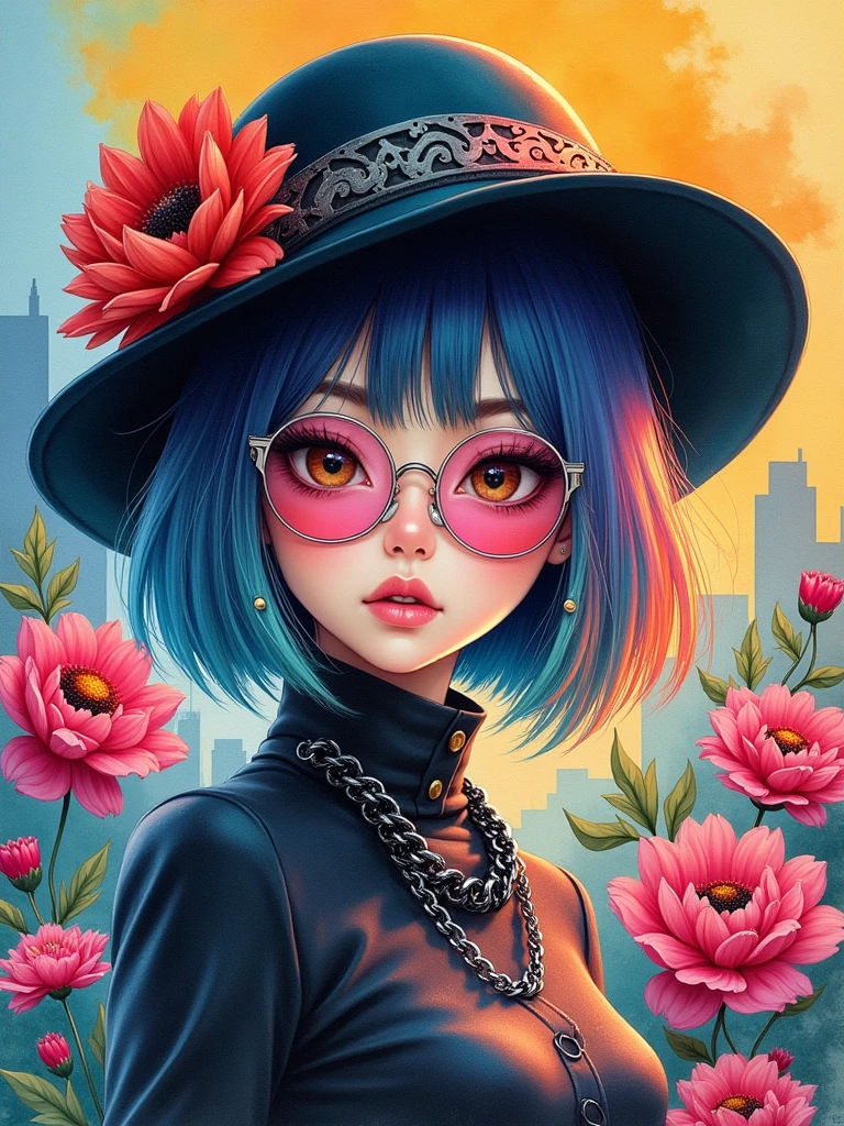 Prompt:

8K quality, watercolor painting, stylish design, (((The strongest beautiful girl of all time))), (((Japanese))), Fashionable hats, (((highest quality))), bob hair, HDR, ((Detailed details)), skull fashion, detailed clothing texture, (((graffiti art))), colorful hair, ((masterpiece))、((Super detailed))、colorful flowers