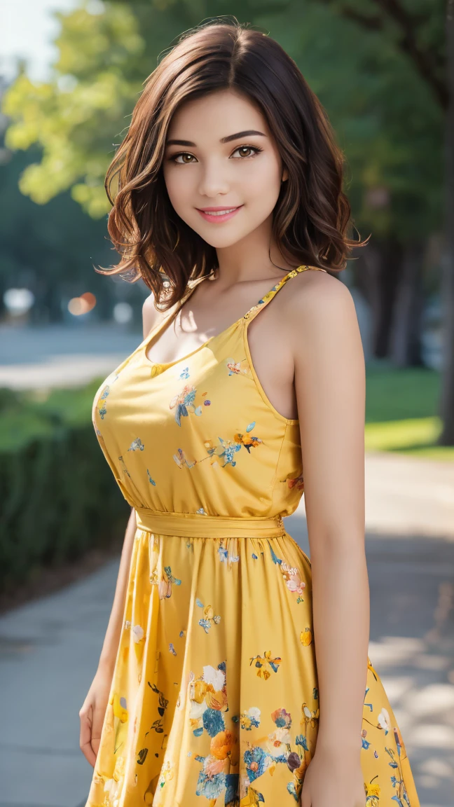 a beautiful girl with short curly brown hair,smiling,,dressed in a yellow dress with flower print,brown eyes,(best quality,4k,8k,highres,masterpiece:1.2),ultra-detailed,(realistic,photorealistic,photo-realistic:1.37),HDR,UHD,studio lighting,ultra-fine painting,sharp focus,physically-based rendering,extreme detail description,professional,vivid colors,bokeh,pixel art,scenary