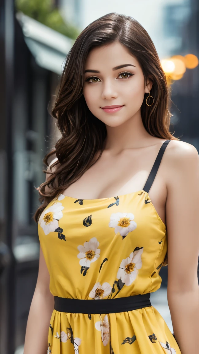 a beautiful girl with short curly brown hair,smiling,,dressed in a yellow dress with flower print,brown eyes,(best quality,4k,8k,highres,masterpiece:1.2),ultra-detailed,(realistic,photorealistic,photo-realistic:1.37),HDR,UHD,studio lighting,ultra-fine painting,sharp focus,physically-based rendering,extreme detail description,professional,vivid colors,bokeh,pixel art,scenary