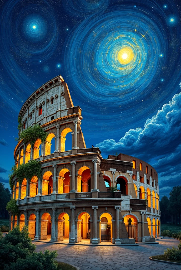 ellipse shaped colosseum with starry night sky by van gogh