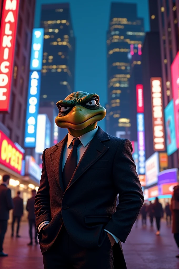 Animated gangster man with a turtle face in a black suit looking at some big breasts
