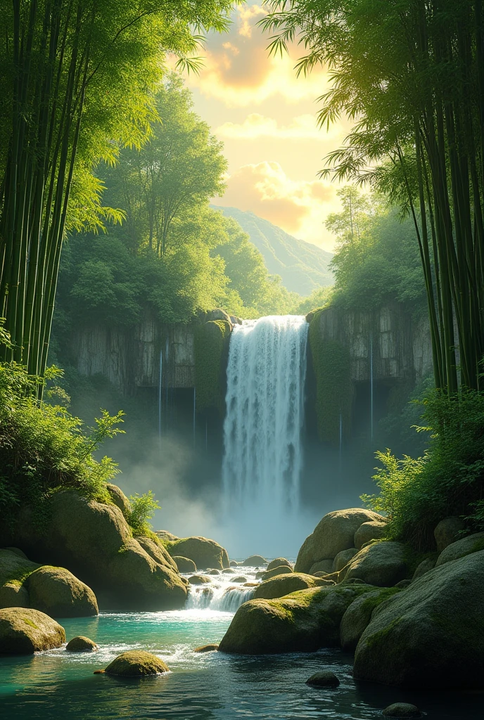 Waterfall basin　bamboo forest　Golden Cloud　near　window　Lots of greenery　Fantasy　null