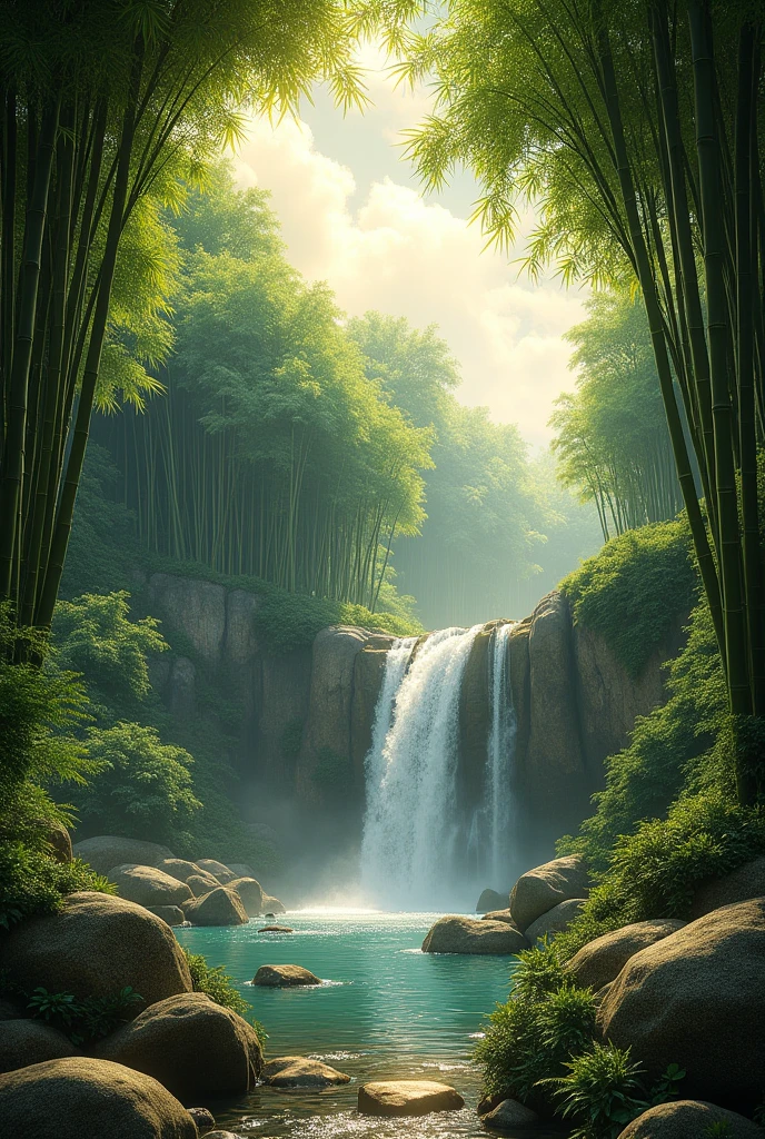Waterfall basin　bamboo forest　Golden Cloud　near　window　Lots of greenery　Fantasy　null
