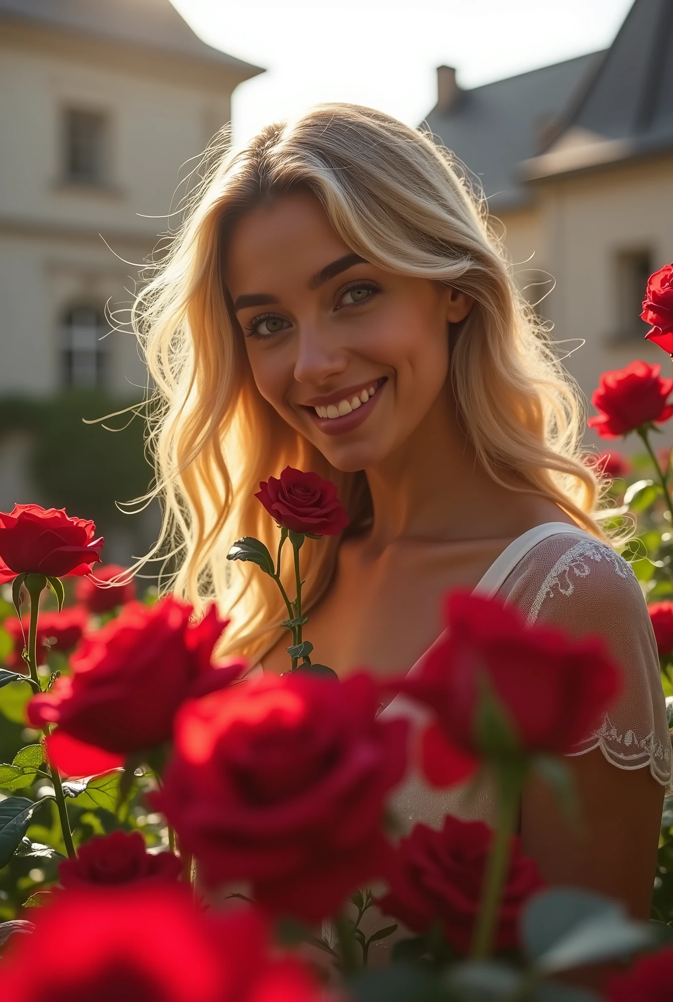 Masterpiece, ultra realistic. First low third of the image is full of blurry red roses. Behind the roses is a leaning forward an ultra hot gorgeous European woman, age 23, wavy blonde hair, sheer lace, she’s smelling the roses with a subtle smile. Background saint roper, france. Early morning light.