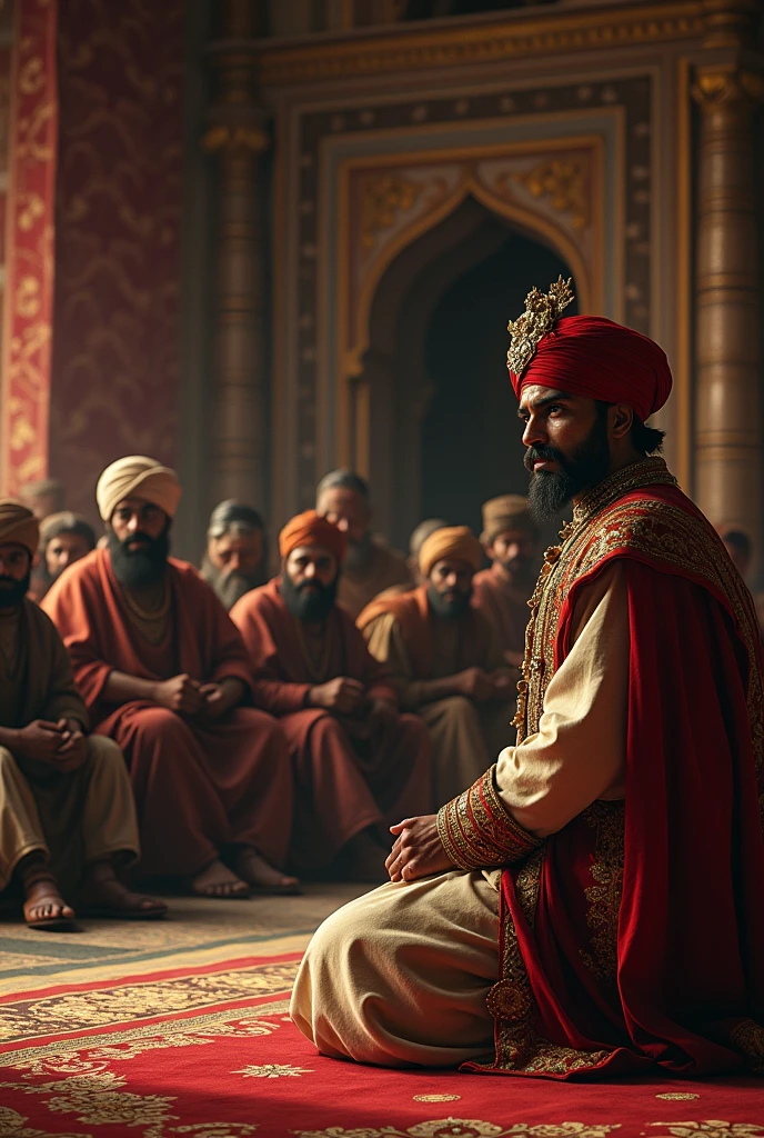 A scene showing a messenger kneeling before Akbar, delivering the news of Maharana Pratap’s victory. Akbar’s face is a mixture of frustration and a somber realization. In the background, Mughal generals are depicted in conversation, their faces reflecting concern and the dawning awareness that Pratap is an indomitable force