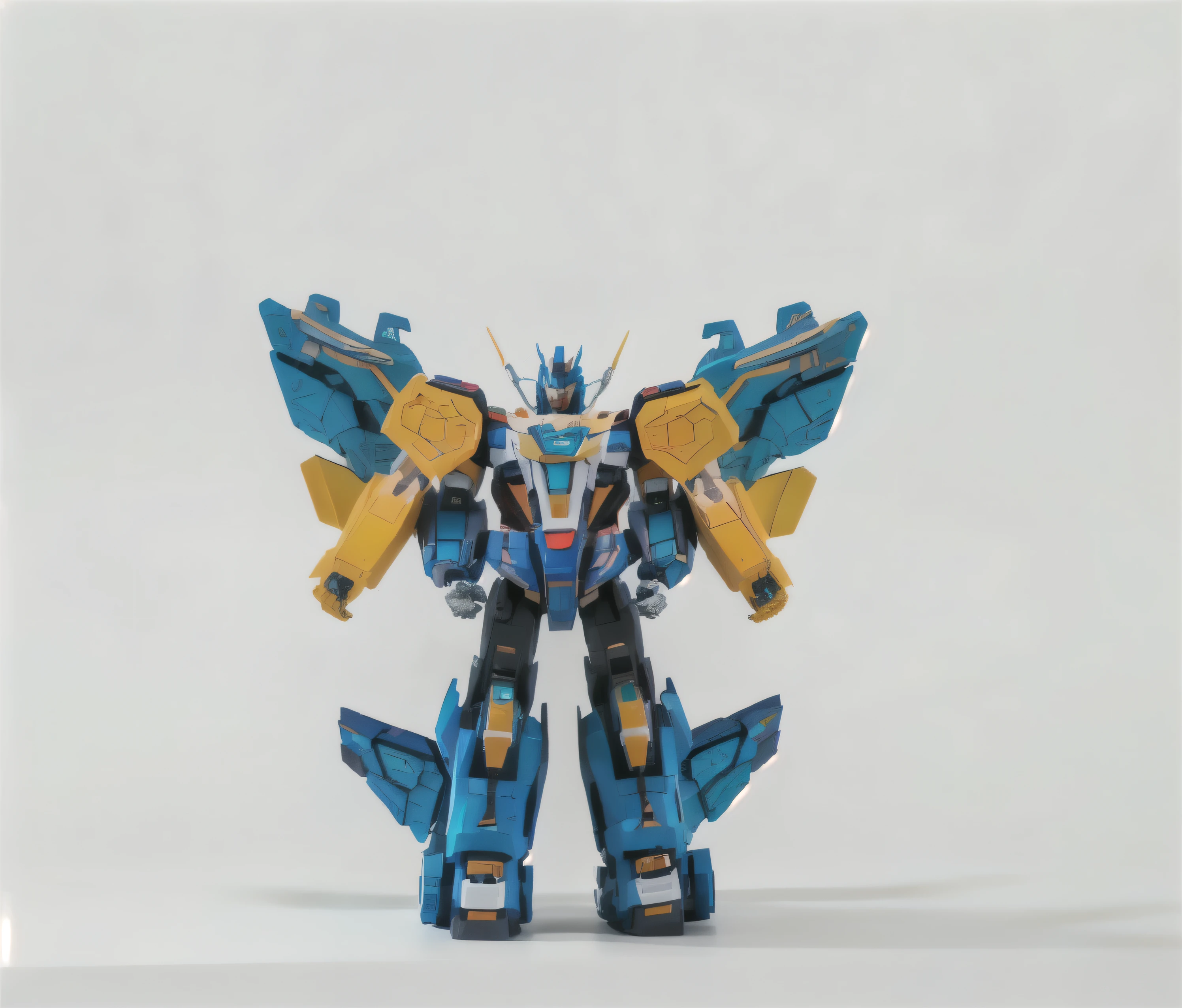 There is a toy standing on a white surface, transformers toy, Colored muscles, model, Mecha Wings, Hands crossed waist position, Toy Photos, transformer, transformers toys, commercial photo of toys, Made of jet parts, Action Figure Toys, Toy Design, plastic toys, Multi-arm, Biped, Humanoid servo device, Including the upper body