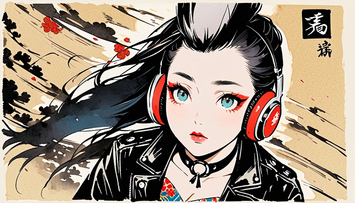 (((Ink Painting))), (((from above))), (((1 female))), (((Leather jacket with Japanese patterns))), (((Mohawk))), (((Very flashy makeup))), Japanese style headphones, face close-up, front view, Japan人の美少女, Black Hair, Delicate and precise, Modern ukiyo-e style,Japan, Droopy eyes, round face, Glare, Fuller lips, vivid color