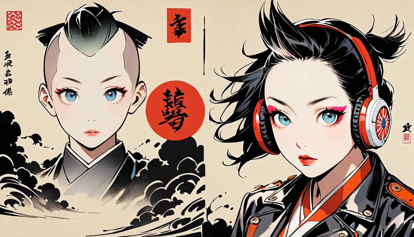 (((Ink Painting))), (((from above))), (((1 female))), (((Leather jacket with Japanese patterns))), (((Mohawk))), (((Very flashy makeup))), Japanese style headphones, face close-up, front view, Japan人の美少女, Black Hair, Delicate and precise, Modern ukiyo-e style,Japan, Droopy eyes, round face, Glare, Fuller lips, vivid color