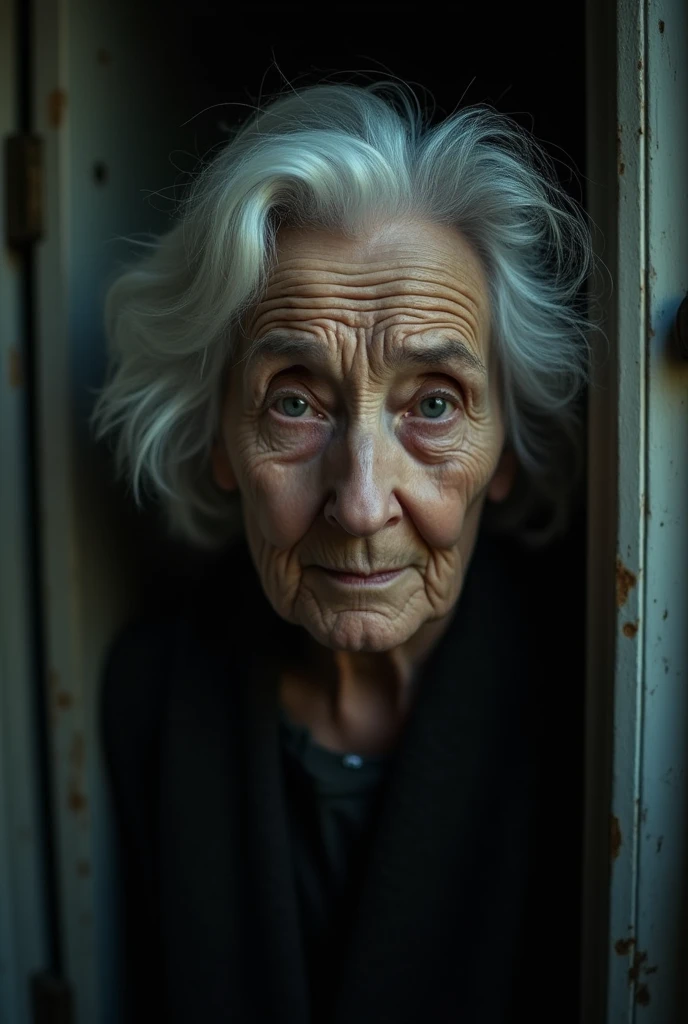 A close-up shot of an old woman standing at the doorway of the opposite flat. She has deep wrinkles covering her face, with large, unblinking eyes and stark white hair. The background shows the dimly lit, slightly open door of her apartment, adding a sense of mystery and unease. Her expression is blank yet intensely focused, as she stares directly at Sunny.