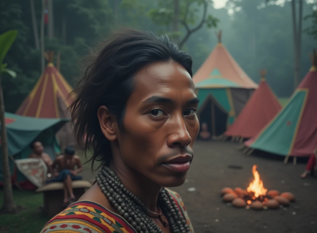masterpiece, best quality, ultra-detailed, best shadow),(western style:0.5), (realistic:1.2), analog style, (fibonacci), (detailed background, native american, tupi, tents, tribe, Amazon, looking at，whole body
