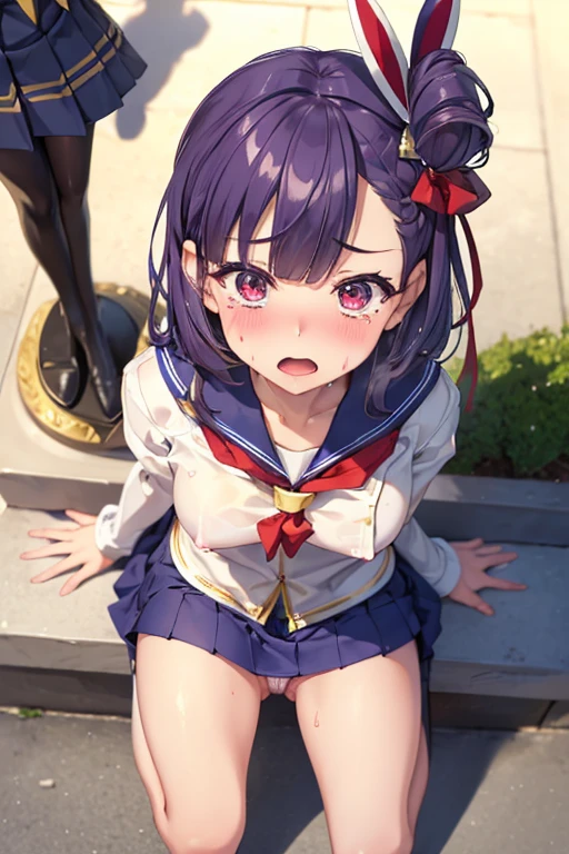 (masterpiece), best quality, expressive eyes, perfect face,nsfw:1.3,full body,sweat,embarrassed,public indecency:1.1,crying face:1.1,from above,sailor uniform,skirt lift by myself:1,1,statue,sex toy:1.1,panties in dildo:1.1