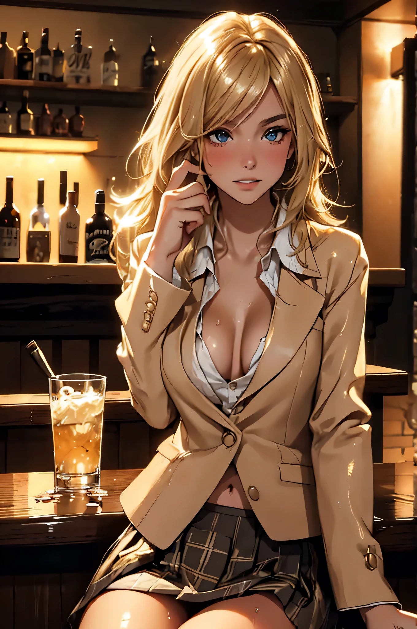 girl at a nightclub sitting at bar, eyeliner (masterpiece) (best quality) (detailed) (8k) (HDR) (wallpaper) (cinematic lighting) (sharp focus) (intricate) blonde hair, biting lip, medium hair, white and gold, sexy, blush, aroused, cleavage, shiny , wet skin, girl, dark makeup,  action pose, jumping over bar, white shirt blazer and plaid skirt

