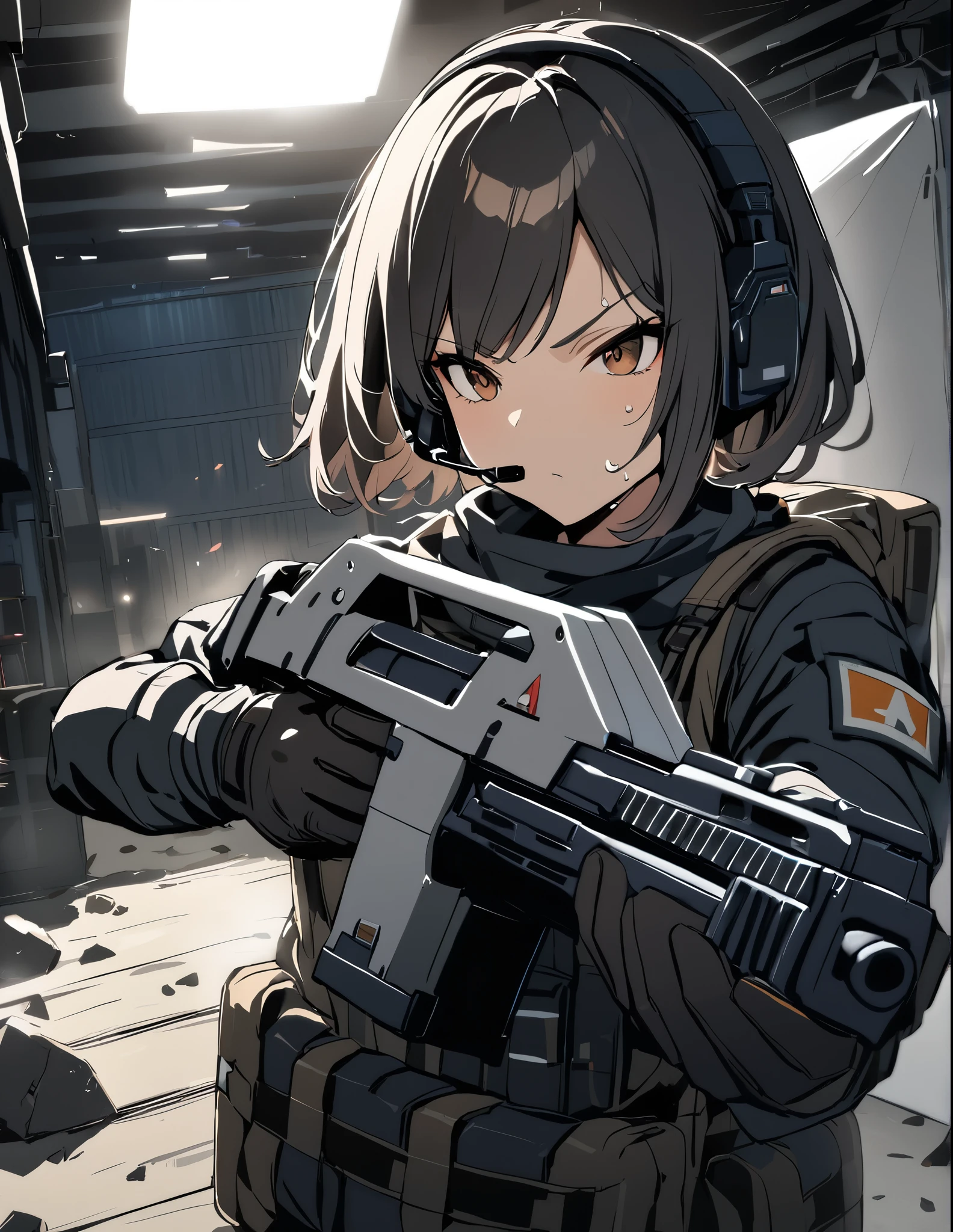 1girl, solo, short hair, black hair, brown eyes, skintight, astronaut, black leatord, tactical gear, gloves, headset, sweat, serious expression, holding gun, m41apls, aiming, trigger discipline, dutch angle, indoors, warehouse, dark, night, debris, backlighting, new york backdrop, smoke, best quality, masterpiece, alien creature behind her.