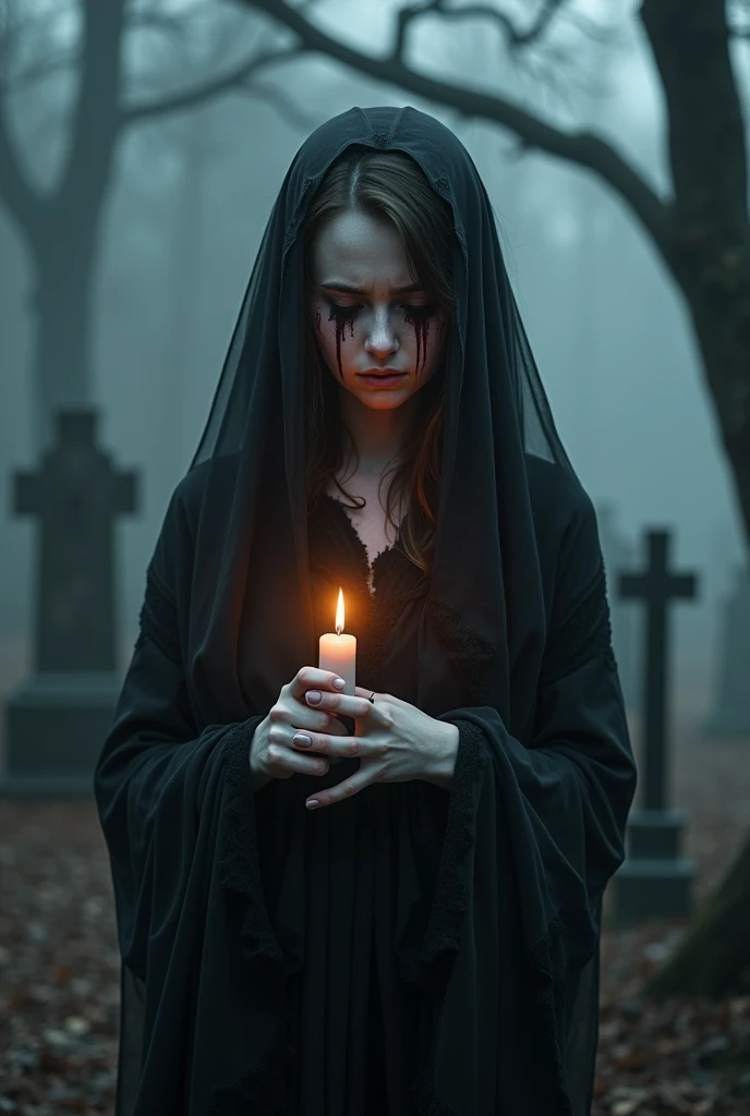 girl's ghost crying in pain, black color, holding candle, face and hands, injury in face, bleeding eyes