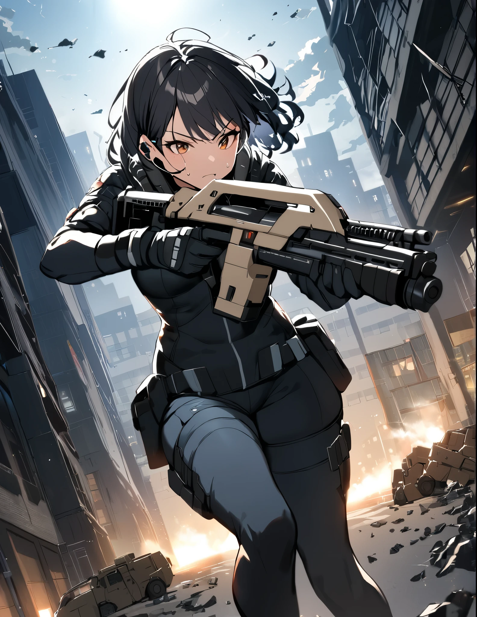 1girl, solo, short hair, black hair, brown eyes, skintight, astronaut, black leatord, tactical gear, gloves, headset, sweat, serious expression, holding gun, m41apls, aiming, trigger discipline, dutch angle, indoors, warehouse, dark, night, debris, backlighting, new york backdrop, smoke, best quality, masterpiece, alien creature behind her.