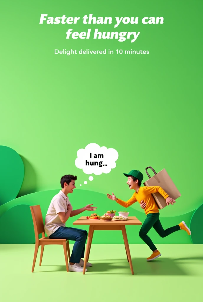 A green-themed, minimalistic advertisement for Swish, a food delivery startup. The image features a person sitting at a dining table hungry with a thought bubble that reads 'I am hung...'. Before the person can complete the thought, a delivery boy is swiftly running towards the dining table with food in hand. The setting is simple, with clean lines and a focus on green tones. At the top of the image, the text reads 'Faster than you can feel hungry,' At the bottom, include the text 'Delight delivered in 10 minutes.'