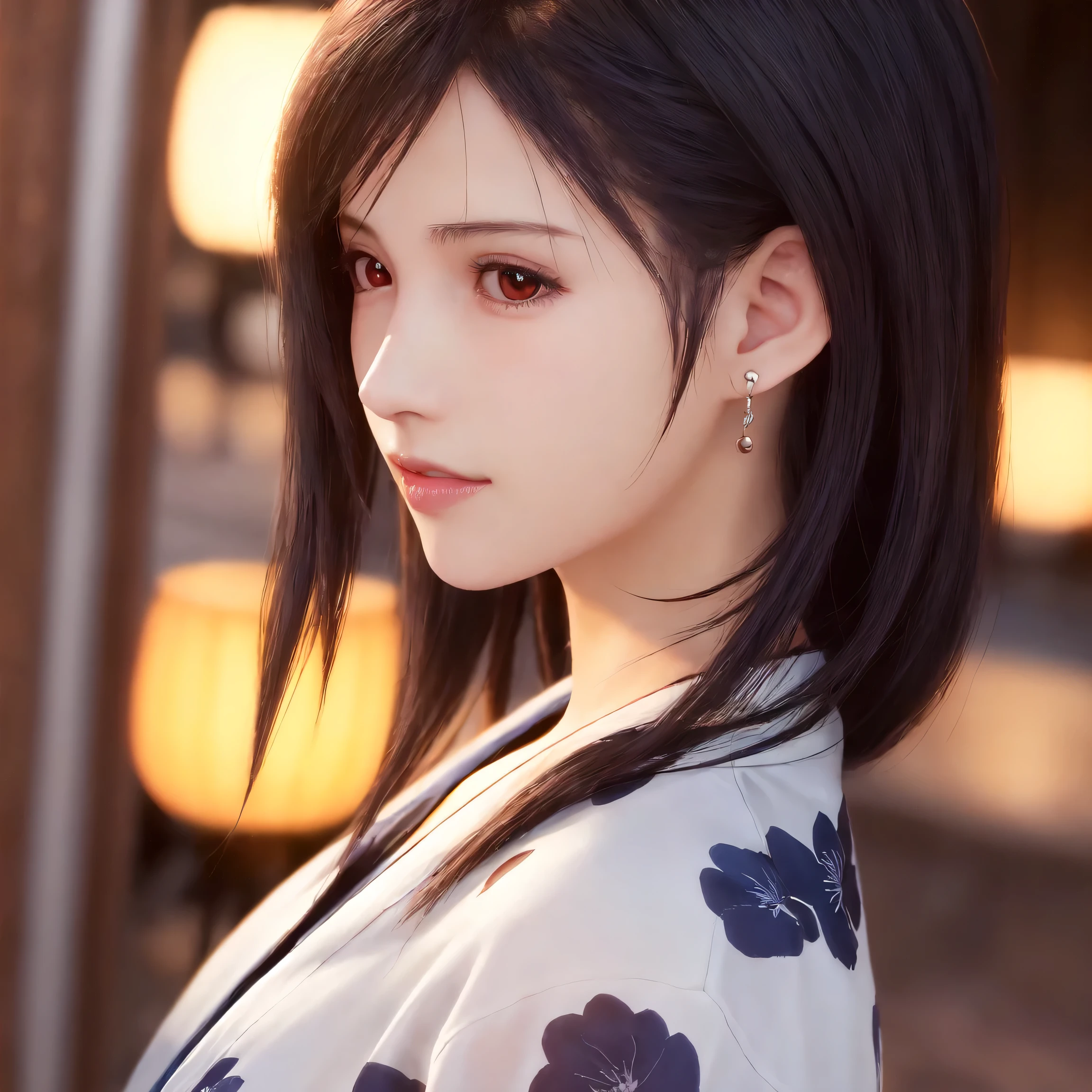tifa lockhart ,((female)),Solo,(20yo:1.3),(japanese,cool beauty:1.2),(detailed face),((yukata)),folded fan,((put hair in ears)),((Looking Over Shoulder)),Half Smile,black hair,From Behind,((Upper Body)),(perfect anatomy:1.3),(hyper detailed, masterpiece:1.2), best quality,RAW photo, exquisite, beautiful ,sharp focus, depth of field ,blur background, bokeh ,Professional lighting