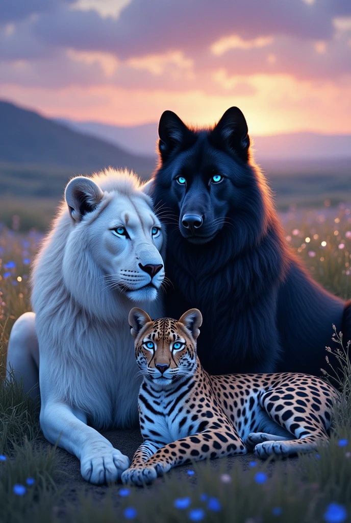 white lion with blue eyes, blue-eyed leopard, black wolf with blue eyes, and aquamarine-eyed cheetah, everyone lying together 
