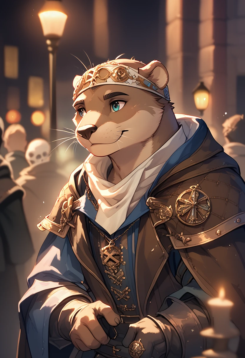 (((Pretty, good quality))), score_9, score_8_most, score_7_most, square, boy, brown white otter, small, wears a sleeveless coat, villain, Fishbone decorated headband, fantasy, medieval times, blurred background, dark side street