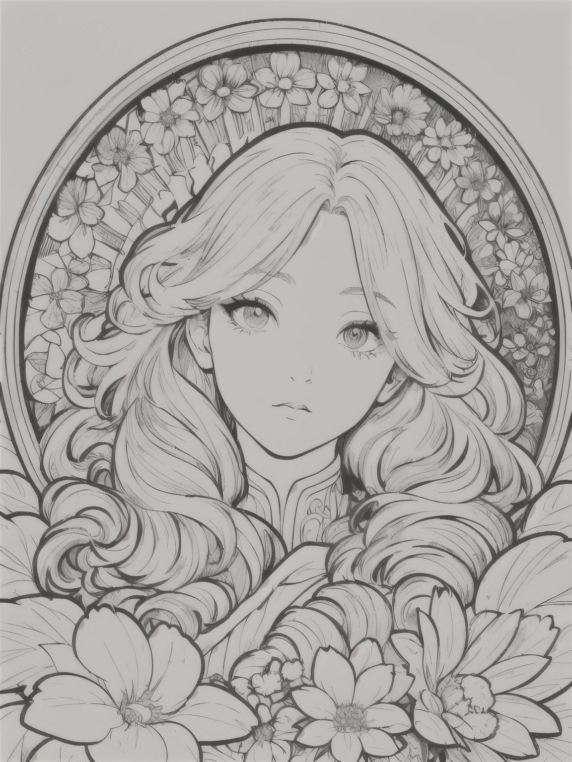 European woman face portrait、Long Curly Hair、blonde、Floral frame、Decorative panel、Abstract Art of Alphonse Mucha、sketch、Character Line、Scenes without color or shadows。 (masterpiece、Highest quality、High resolution:1.4)、detailed、複雑なdetailed、4K、Splashes of color、Line art、Fibonacci、