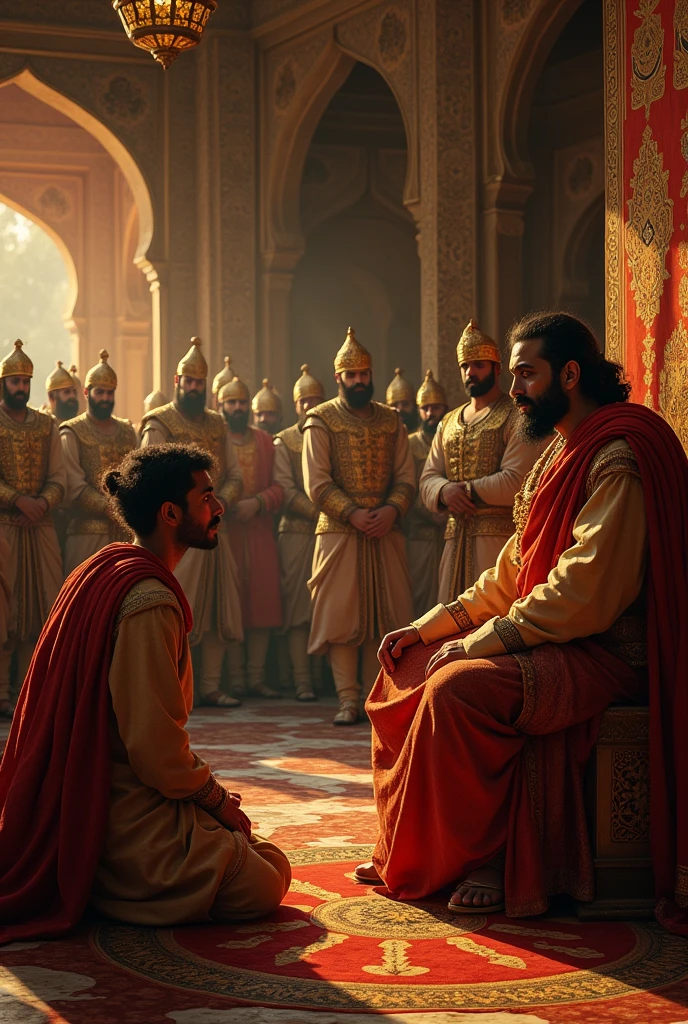 "A scene showing a messenger kneeling before Akbar, delivering the news of Maharana Pratap’s victory. Akbar’s face is a mixture of frustration and a somber realization. In the background, Mughal generals are depicted in conversation, their faces reflecting concern and the dawning awareness that Pratap is an indomitable force