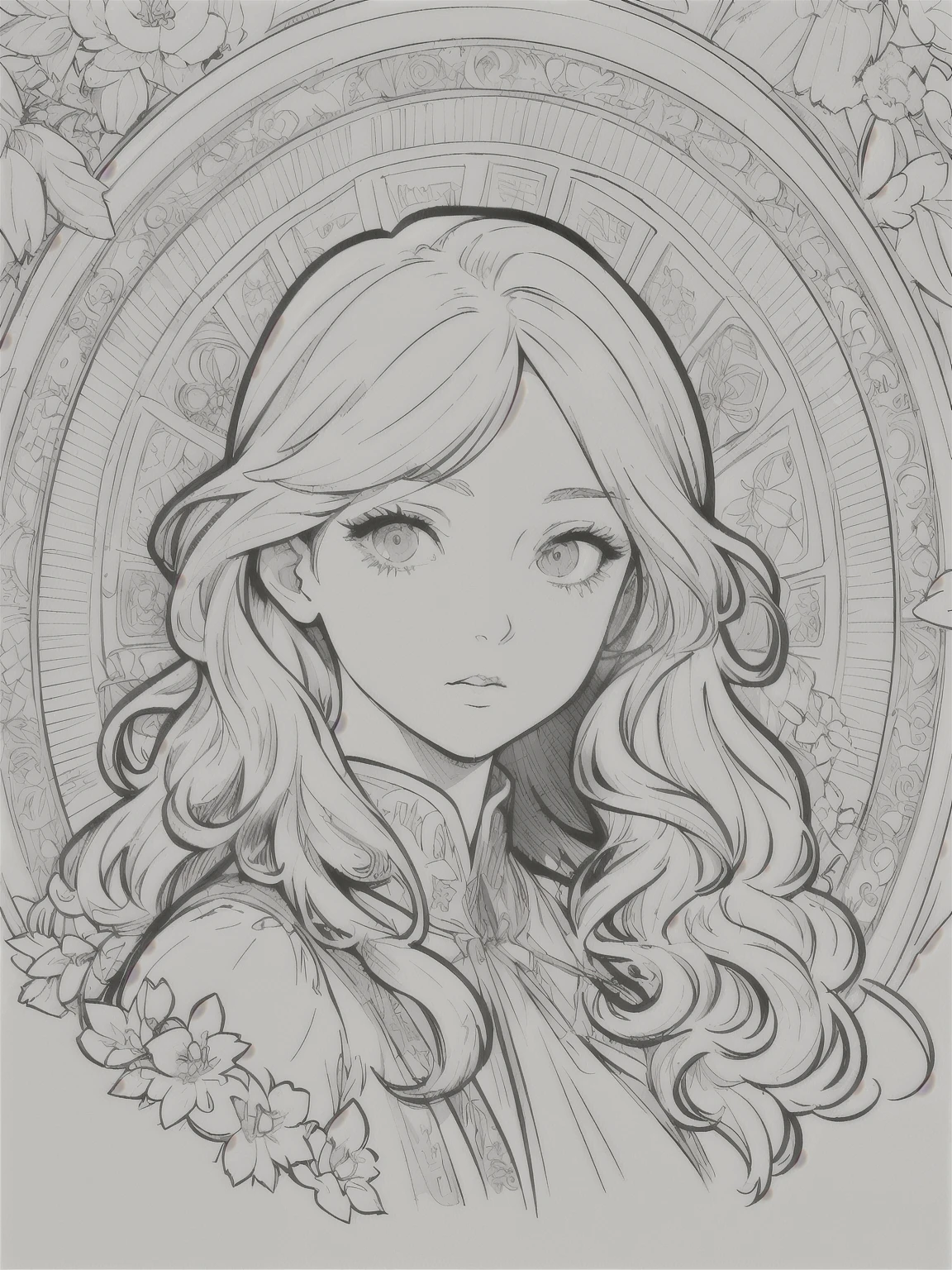 European woman face portrait、Long Curly Hair、blonde、Floral frame、Decorative panel、Abstract Art of Alphonse Mucha、sketch、Character Line、Scenes without color or shadows。 (masterpiece、Highest quality、High resolution:1.4)、detailed、複雑なdetailed、4K、Splashes of color、Line art、Fibonacci、
