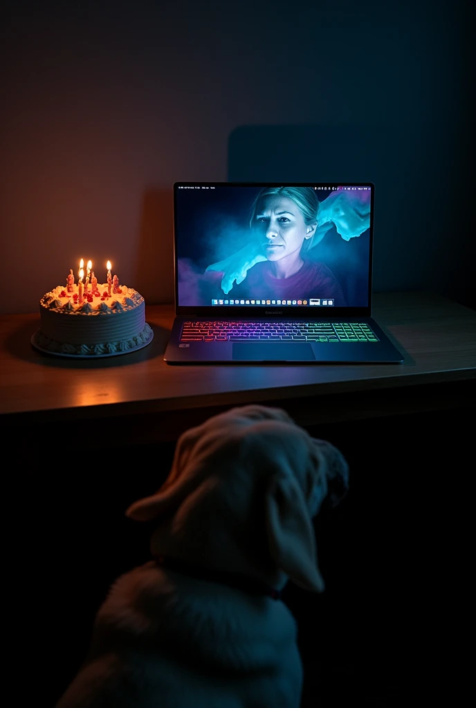 Let the room be dark.
There should be a beautiful laptop, the best one, on the table in front of me. A software screen should be running on the computer screen. The laptop keyboard lights should be colorful. Next to the laptop, a small birthday cake and on top of it.... Let my mother be burned, let there be a dog in front of me, kneeling in front of all of them