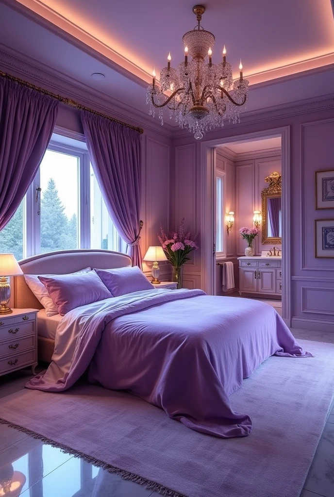 Purple bedroom theme design a biggest bedroom looks real with attach bathroom 