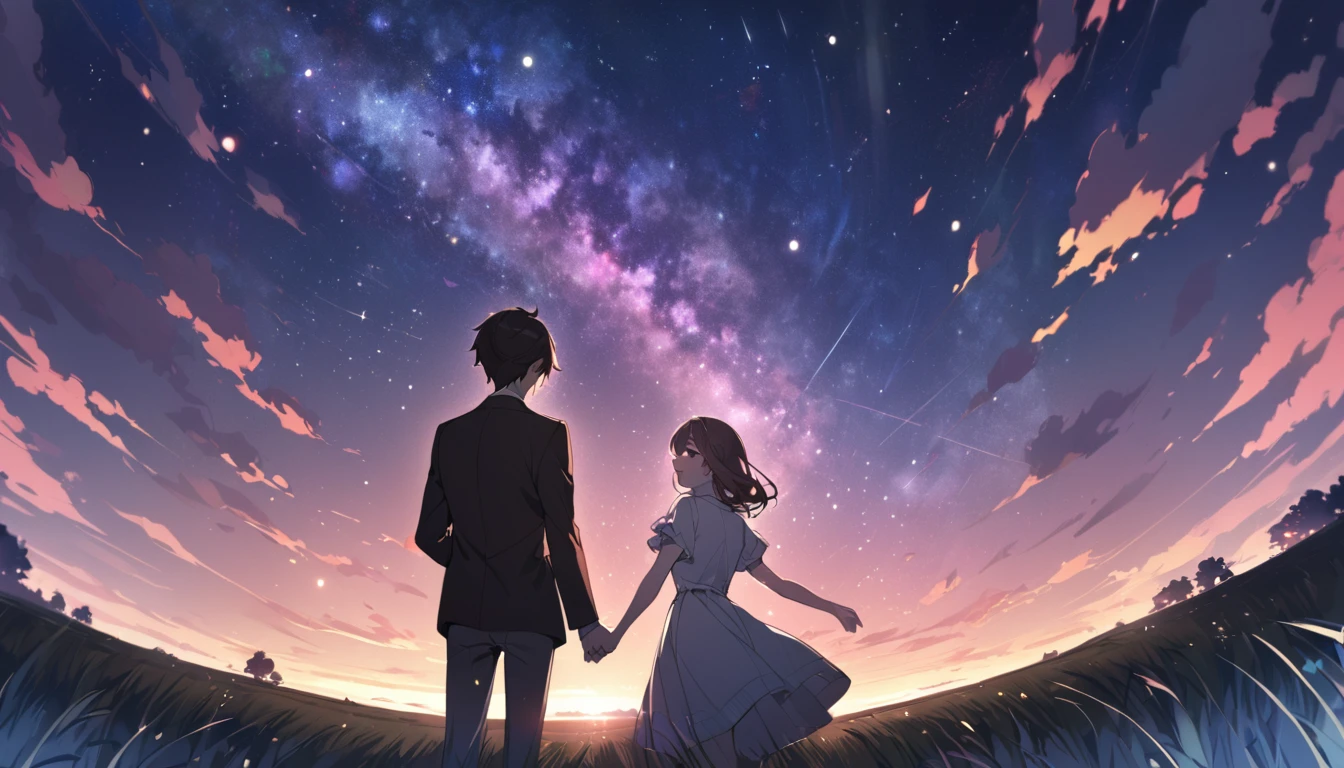 good looking, 2 high school students, Date,1 male, 1 female,Dark brown hair, Pink highlights on the tip, Pale pink eyes,A vast night sky with twinkling stars,A vast grassland,