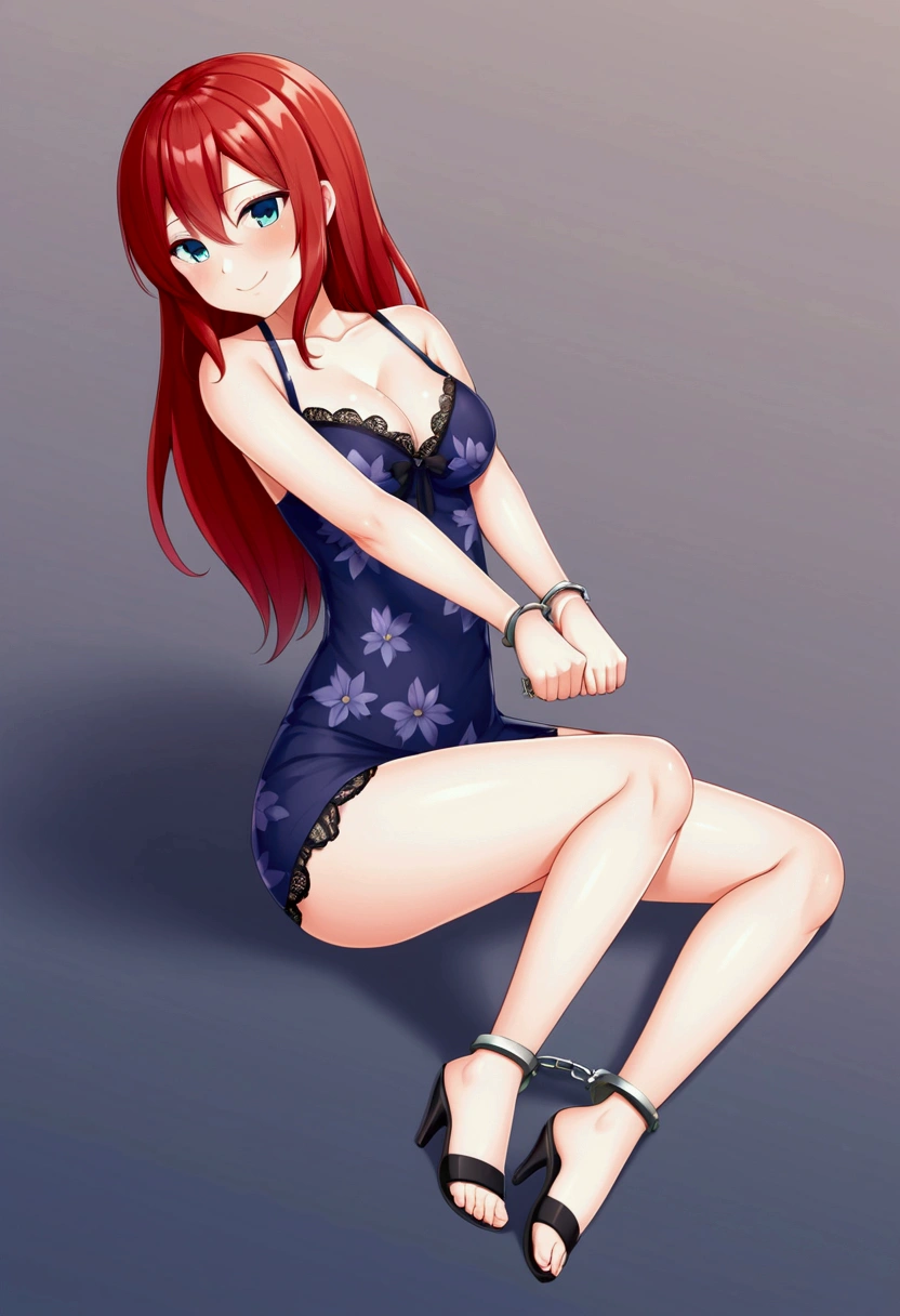 Excellent image, a young adult woman with bright makeup in a blue lace mini dress with open shoulders, with red hair, wearing high heel sandals, Hands in handcuffs, handcuffs on hands, the charges are shackled, arrest, Hands handcuffed, Posing in full growth, playful smile, hands down in front, feet shoulder width apart, handcuffs with long chain on legs