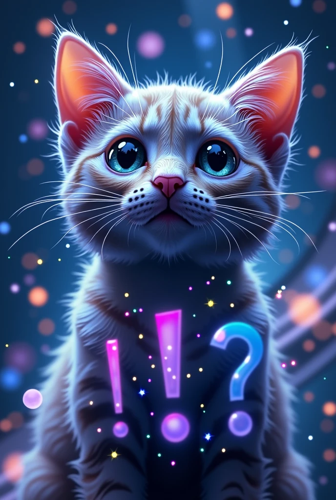 Close-up of a cat face, outer space in the background (stars and galaxies shining beautifully), space cat, large "!?" on the screen is written in large letters on the screen,