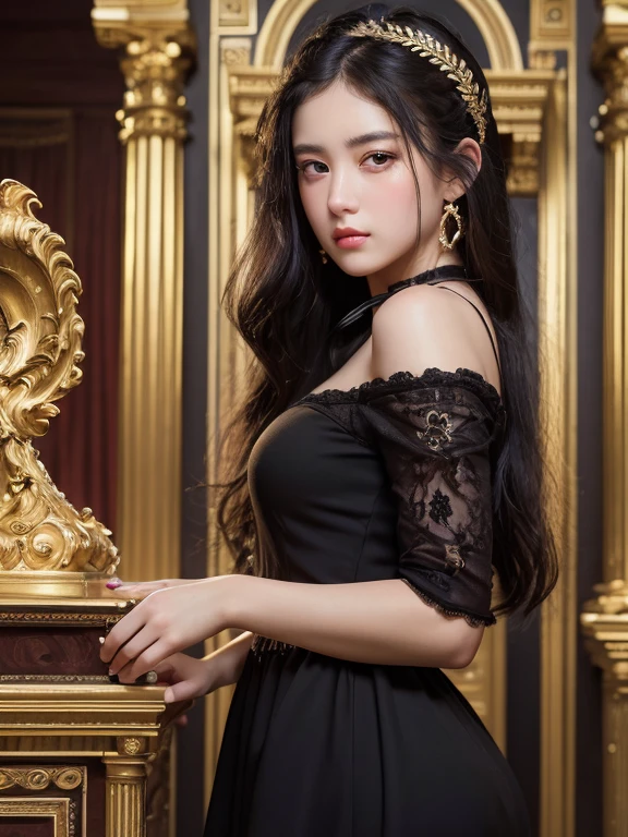 masterpiece, Highest quality, Very detailed, 8k, Ultra-high resolution, (Neoclassicism:1.4), Cowboy Shot, One Girl, Detailed face, Perfect Fingers, black eye, Black Hair, Long Hair, Black dress
