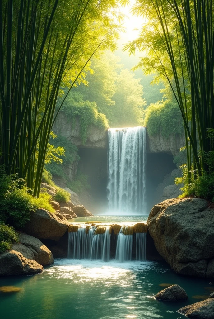 Waterfall basin　bamboo forest　Golden Cloud　near　window　Fewer rocks　Fantasy　null