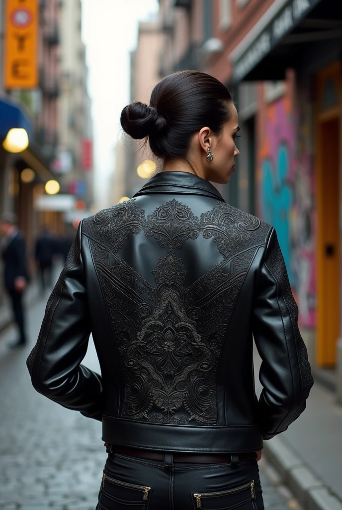 Complex architecture black tattooed leather biker jacket Delicate opulent patterns