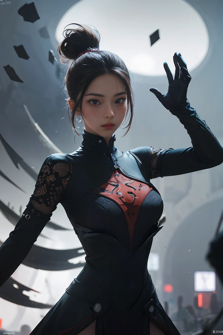 ((masterpiece, best quality)), ultra detailed 8k, photorealistic, sharp focus, highly detailed, professional lighting , shadowmancer, photo of a woman, ink particle, ((swirling black ink floating around)), futuristic fantasy, futuristic black dress, dynamic pose, realistic, masterpiece, intricate details, detailed background, depth of field, 