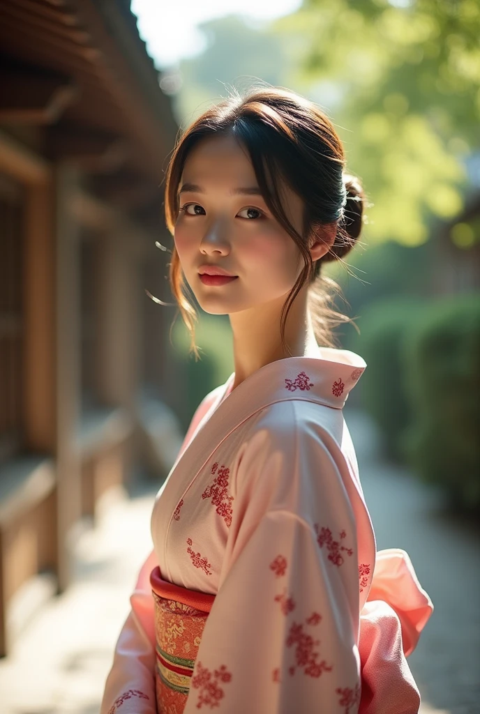 An elegantly dressed Japanese woman in natural light、A close-up of her chest and calm expression.、It shows her inner peace and outer charm.。