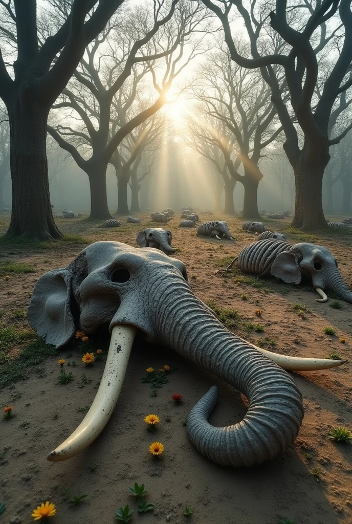 Elephant cemetery, elephant skeletons and sad gray ribs
